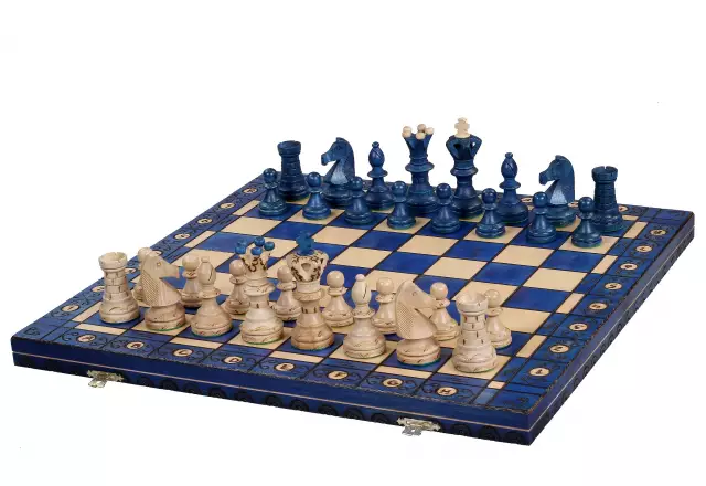 Grand Jeu d’Echecs en Bois Bleu et Ivoire – Grand Echiquier Pliant 55 x 55 cm