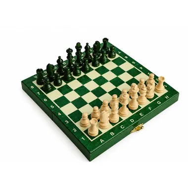 Magnetisch mini houten schaakspel in groen, opengeklapt bord met opgestelde stukken
