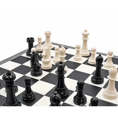 Detail van de zwarte en witte stukken opgesteld midden in het spel op het bord