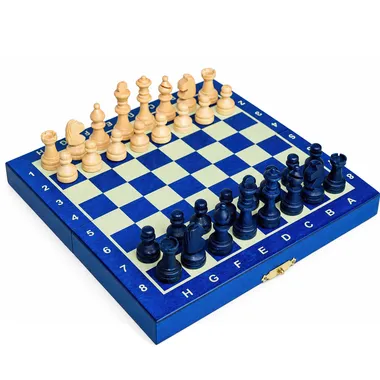 Mini magnetisch schaakspel in blauw hout, geopend bord met opgestelde stukken