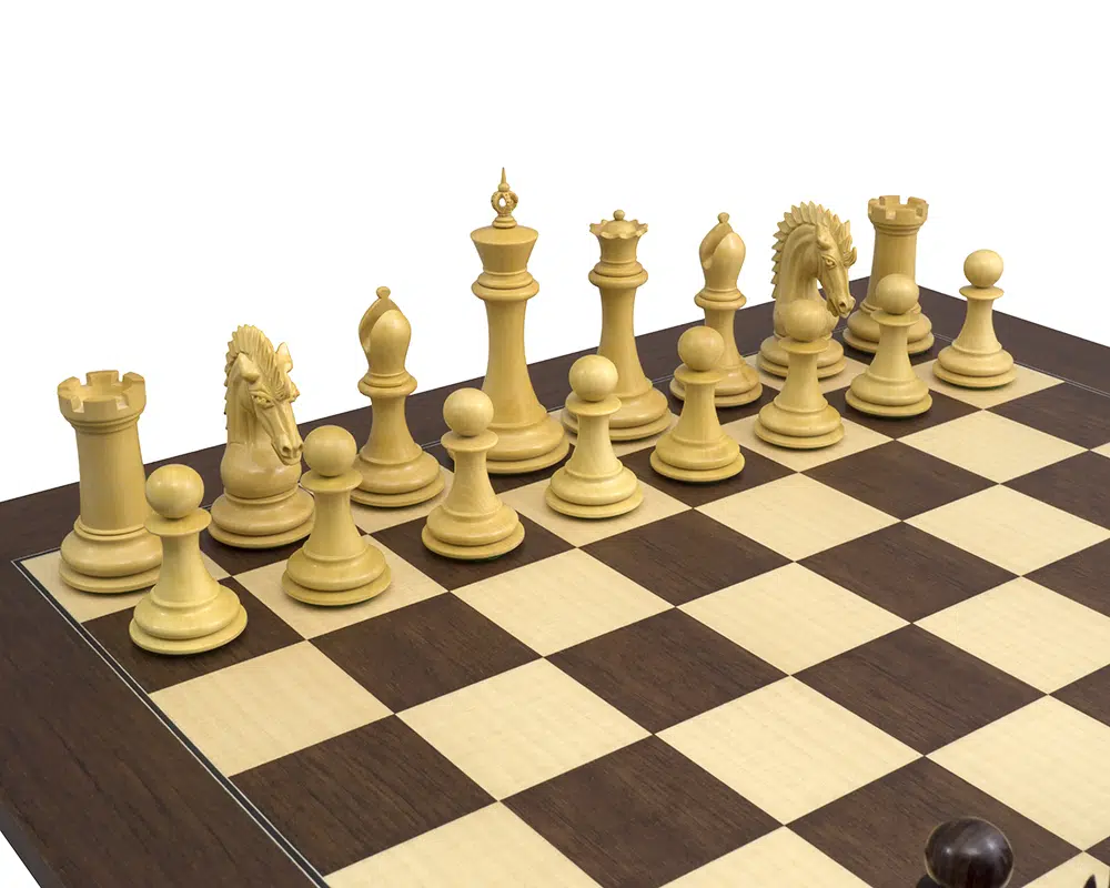 Vue rapprochée des pièces blanches du jeu d'échecs Sheffield Knight Palissandre