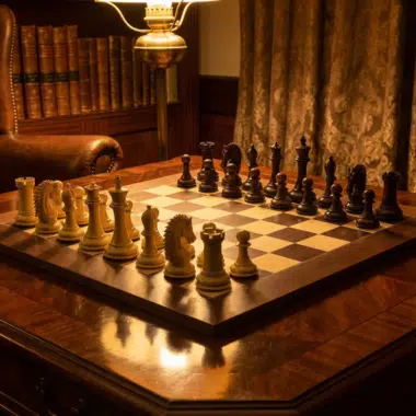 Un jeu d'échecs Sheffield Knight Palissandre dans une ambiance chaleureuse et élégante