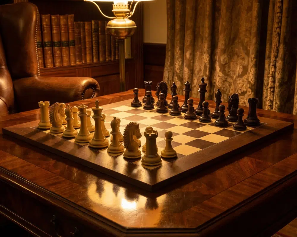 Un jeu d'échecs Sheffield Knight Palissandre dans une ambiance chaleureuse et élégante