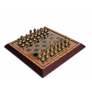Collectie-schaakspel Romeinen in beschilderd metaal op luxe schaakbord in leer en glas
