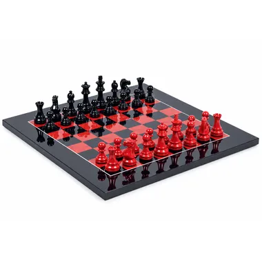 Compleet schaakspel in rood en zwart gelakt hout op glanzend schaakbord in mazerhout 42cm