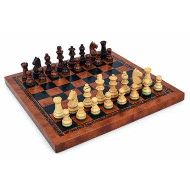 Klein Salonschaakspel: Staunton-stukken in Acaciahout, Verzwaard, Koning 5 cm & Schaakbord in Kunstleer Zwart en Goud 26 x 26 cm