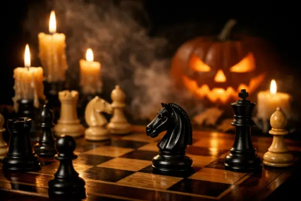 Schaakpartij bij kaarslicht met een Halloweenpompoen op de achtergrond